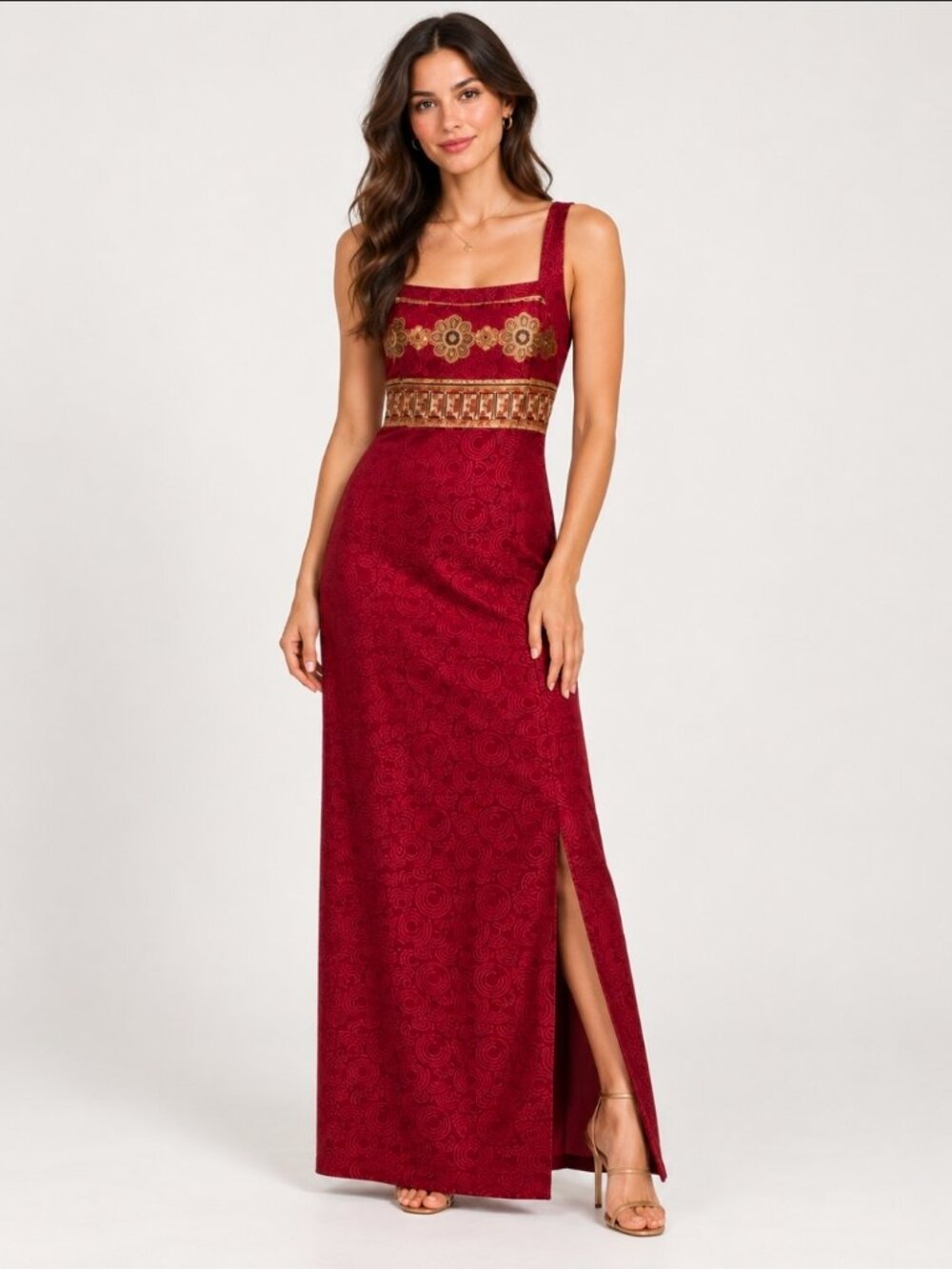 Vintage 90s CDC Caren Desiree Burgundy Jacquard Maxi Dress Crisscross Back Size